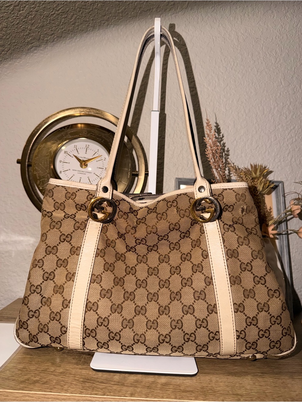 Gucci Beige Canvas Tote with Cream Leather Straps and Dual Tone Hardware
